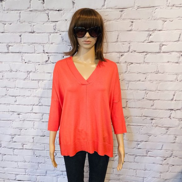 ANN TAYLOR, Red/Orange pullover comfy v-neck sweater - Picture 2 of 11